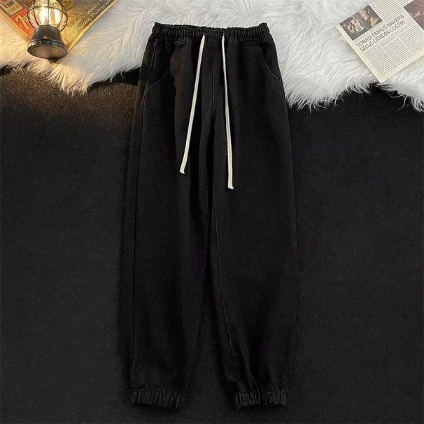Relaxed Fit Washed Jeans For Men - Stretch Waist Straight Leg Vintage Denim Pants With Adjustable Drawstring (Black/Light Blue, S-3XL)_mkmklike.com