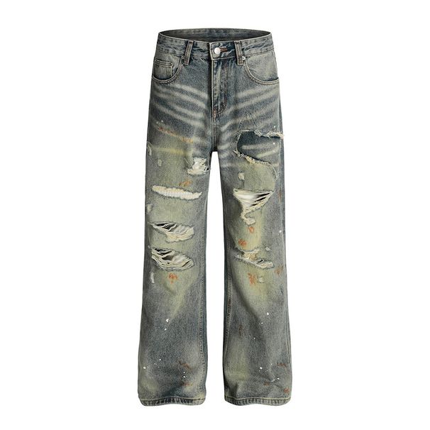 Wasteland Punk Distressed Washed Jeans For Men Trendy Beggar Vintage Dirty Paint Splatter Straight Long Pants_mkmklike.com