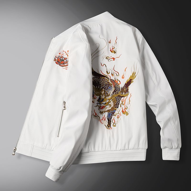 YGTOF Chinese Style Men's Embroidered Stand Neck Zipper Jacket Spring and Autumn Fashion Solid Color Long Sleeve Pockets Cardigan Coat_mkmklike.com
