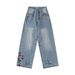 Design Sense Small Floral Embroidery Washed Denim Straight Long Pants Men's Vintage Punk Niche Personality Casual Wide_mkmklike.com