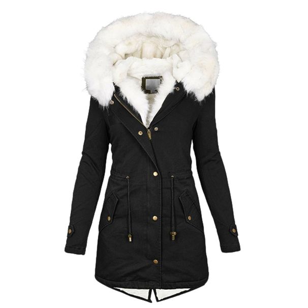 Women's Clothing Women's Autumn And Winter Mid Length Windbreaker White Fur Collar Hooded Warm Plus Velvet Women's Coat_mkmklike.com