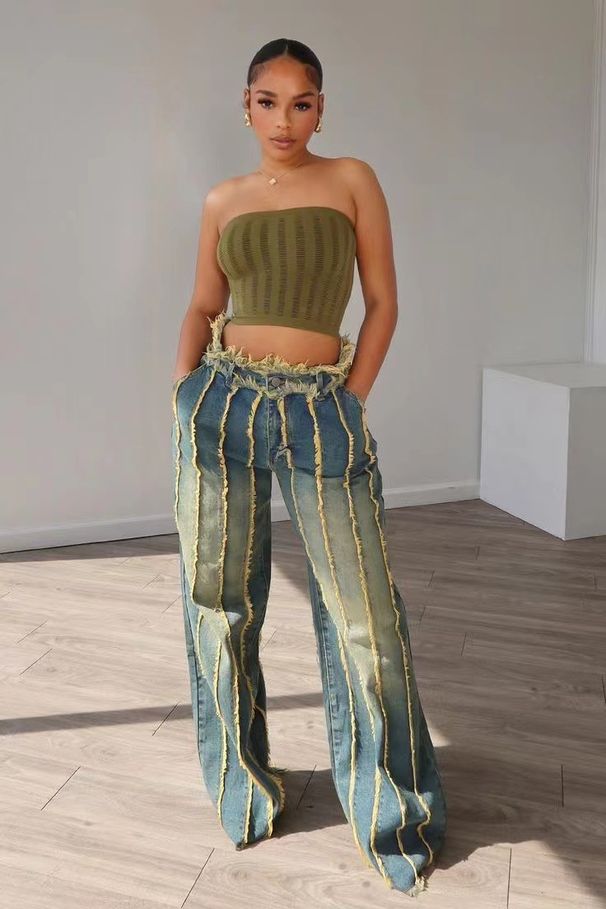 Women's Clothing Women's Denim Stitching Multi Layer Washing And Dyeing Stretch Denim Four Seasons Trousers_mkmklike.com