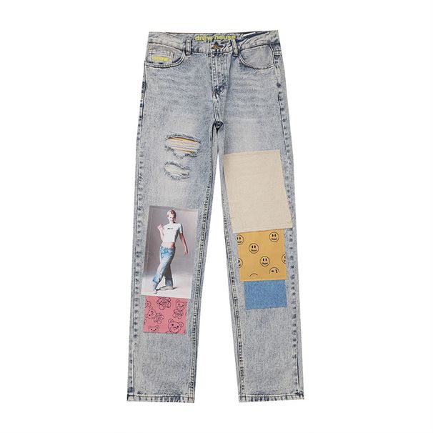 Smiley Bear Hayley Sticker Trend Loose Hip Hop Trousers Jeans Ins Loose Straight Men_mkmklike.com