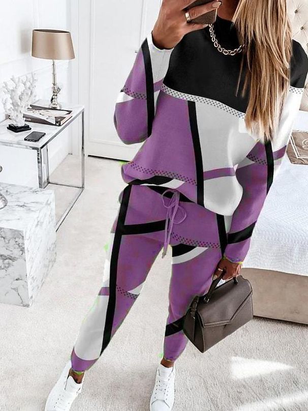 Women's Clothing 2024 new two piece set contrast color printing long sleeved round neck casual fashion suit_mkmklike.com