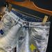 Men's Clothing Destroyed Sewing Denim Shorts Men Summer Thin Light Blue Shorts Printed Loose Five Point Casual Pants_mkmklike.com