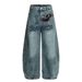 Trendy Personality Cartoon Embroidery Wide-Leg Scimitar Jeans For Men Vintage Washed Niche Design Silhouette Long Pants_mkmklike.com