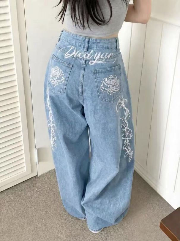 Women's Wide Leg Jeans High Waisted Street Style Retro Embroidered With Letters And Flowers Loose Fit Floor Length Y2K Trousers_mkmklike.com