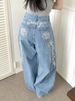 Women's Wide Leg Jeans High Waisted Street Style Retro Embroidered With Letters And Flowers Loose Fit Floor Length Y2K Trousers_mkmklike.com