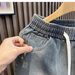 Men's Trendy Brand Washed Ripped Denim Shorts Elastic Waist Five Point Loose Straight Leg Japanese Style Summer Mid Length Pants_mkmklike.com
