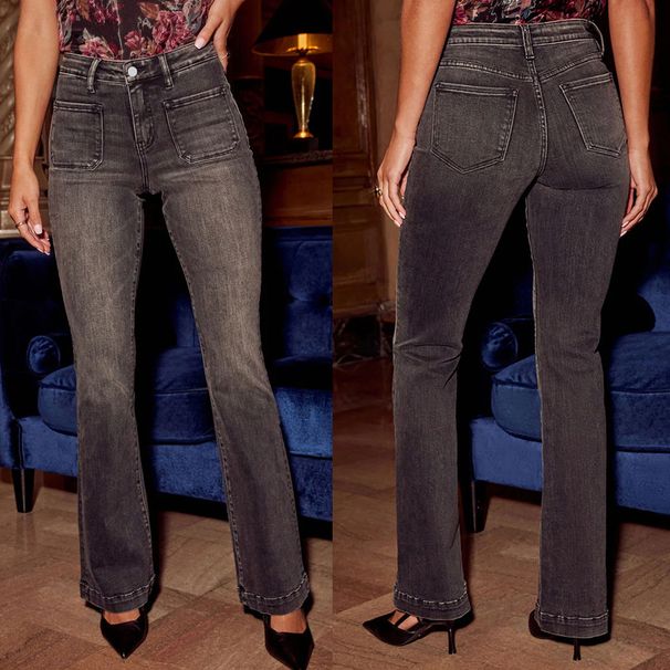 Women’s Stretch Washed Jeans – Slim Straight-Leg, Mid-Rise, Distressed Black-Grey (Sizes S-XXL, Cat Whisker & Vintage Wash)_mkmklike.com