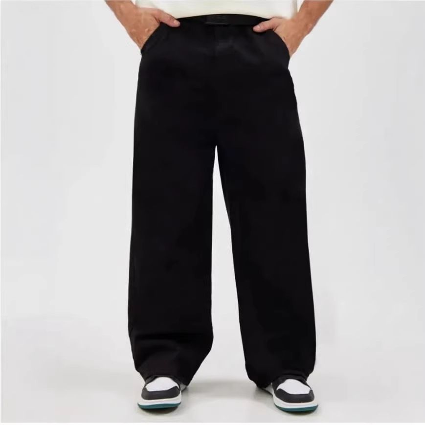 Black Men's Casual Trousers Loose Fitting Wide Leg Cotton Jeans Mid Waist Long Pants Machine Washable_mkmklike.com