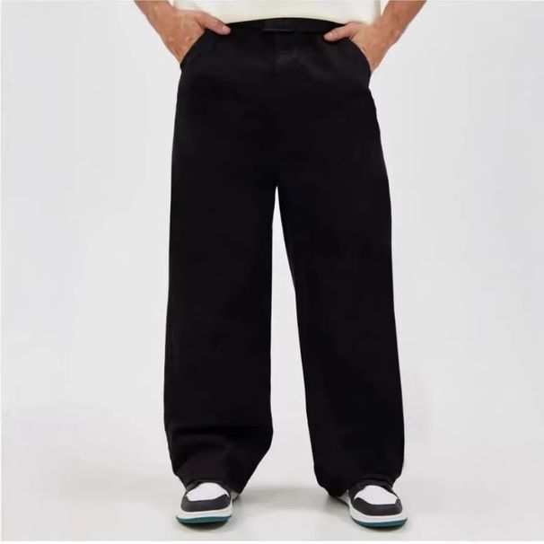 Black Men's Casual Trousers Loose Fitting Wide Leg Cotton Jeans Mid Waist Long Pants Machine Washable_mkmklike.com