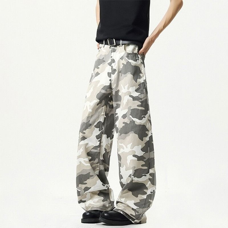 Suitable For All Seasons Gray White American Camouflage Jeans Men's Trendy High Street Hip Hop Straight Loose Wide Leg Long Pants_mkmklike.com