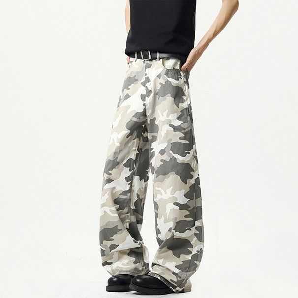 Suitable For All Seasons Gray White American Camouflage Jeans Men's Trendy High Street Hip Hop Straight Loose Wide Leg Long Pants_mkmklike.com