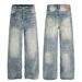 Men's Premium Washed Blue Jeans High Street Style Retro Bamboo Texture Design Denim_mkmklike.com