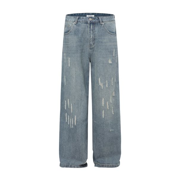 Men's Clothing Unisex Retro Distressed Jeans Clean Fit Loose Straight Leg Slightly Flared Versatile Drape_mkmklike.com
