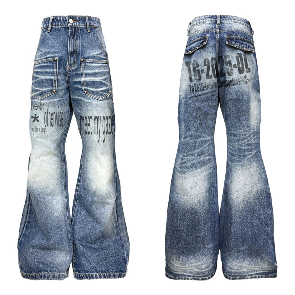 DETW Vintage Washed Blue Jeans – Retro Distressed Denim With Studded Details & Subtle Flare, Unisex High-Street Fashion (S-3XL)_mkmklike.com