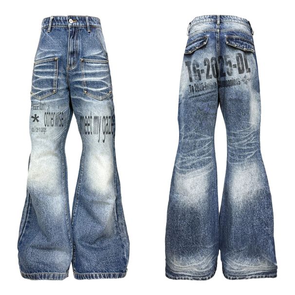 DETW Vintage Washed Blue Jeans – Retro Distressed Denim With Studded Details & Subtle Flare, Unisex High-Street Fashion (S-3XL)_mkmklike.com