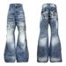 DETW Vintage Washed Blue Jeans – Retro Distressed Denim With Studded Details & Subtle Flare, Unisex High-Street Fashion (S-3XL)_mkmklike.com