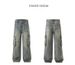Vintage Washed Patchwork Cargo Wide Leg Jeans, Men's American High Street Loose Straight Streetwear Denim Pants_mkmklike.com