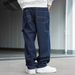 Men's American Retro Wide Leg Pants Denim Mid Waist Loose Fit Slimming Straight Leg Striped Floor Length For Spring Autumn_mkmklike.com