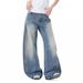 Women's American Retro Ripped Blue Jeans Unique Style Loose Fit Versatile Straight Leg Wide Leg Pants_mkmklike.com