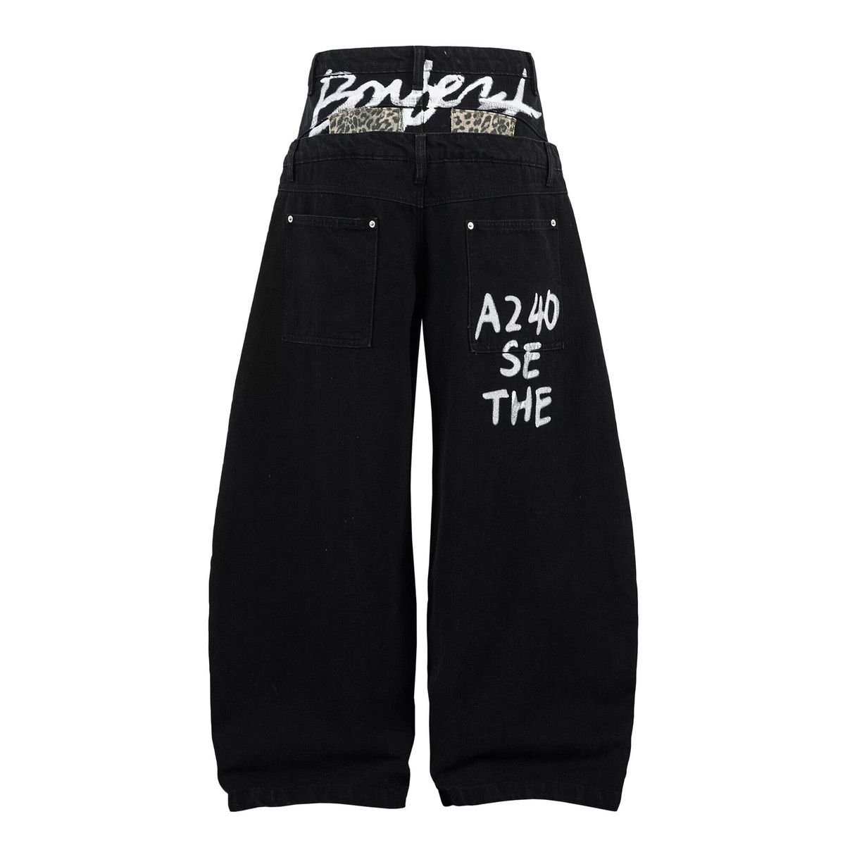 Women's Distressed Double-Waistband Jeans – 90s Baggy Straight-Leg Pants With Leopard Print & Graffiti Lettering_mkmklike.com