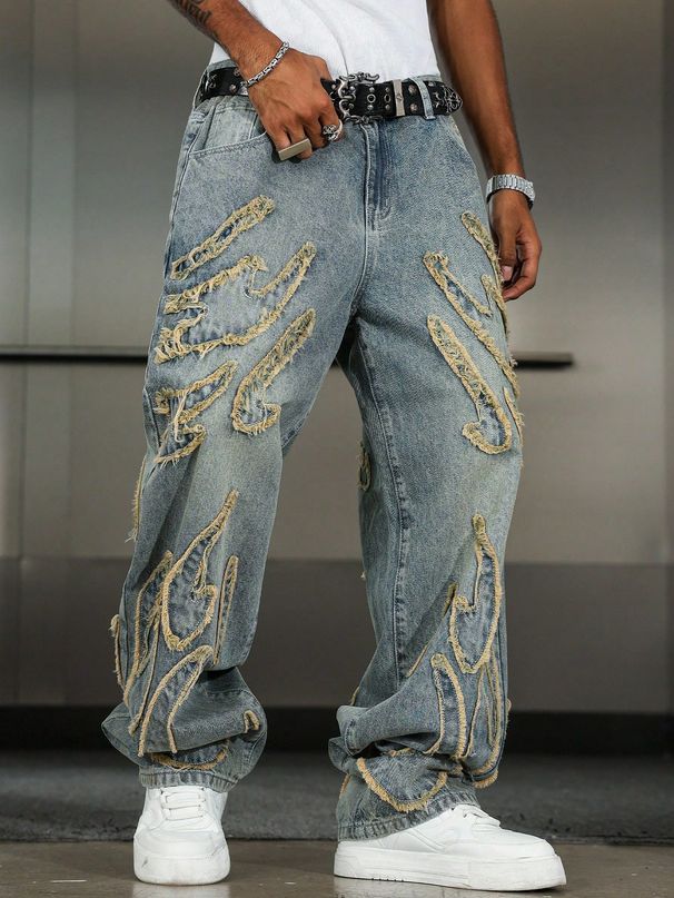 Men's Embroidered Patchwork Jeans – Vintage Streetwear (Distressed Denim, Wide-Leg, Retro Stitching, High Fashion, Urban Style)_mkmklike.com