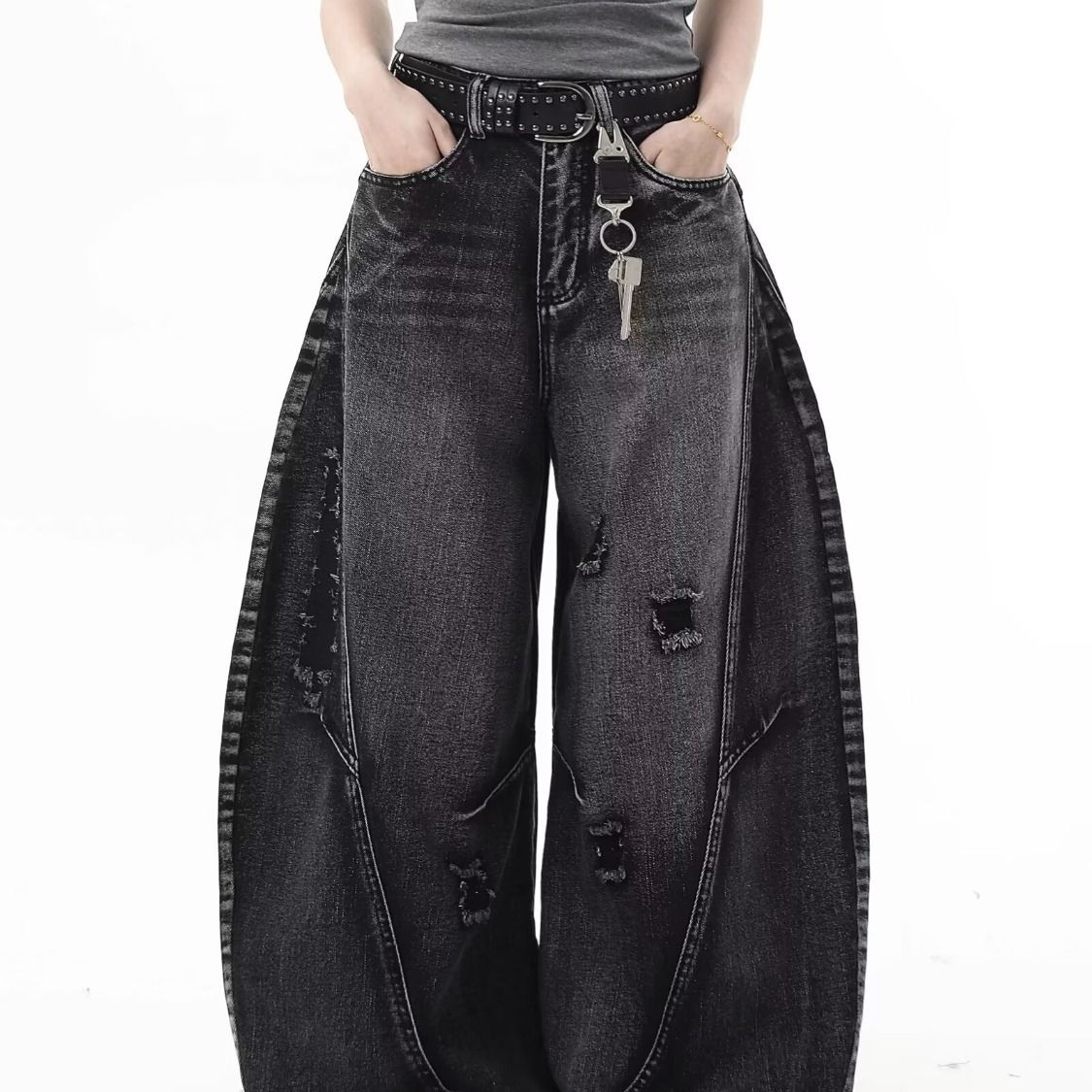 Unisex American Retro Deconstructed Workwear Jeans Patchwork Ripped Fashion Design mid Waist Straight Pants Blue Long Trousers_mkmklike.com