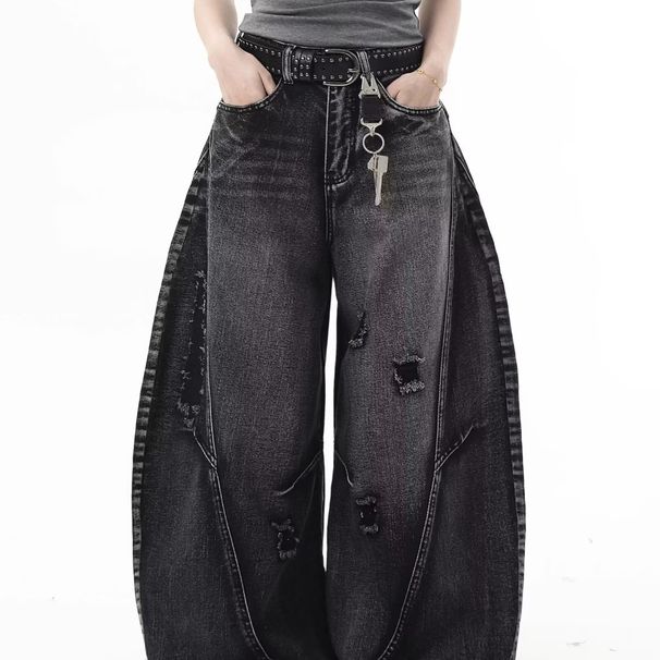 Unisex American Retro Deconstructed Workwear Jeans Patchwork Ripped Fashion Design mid Waist Straight Pants Blue Long Trousers_mkmklike.com
