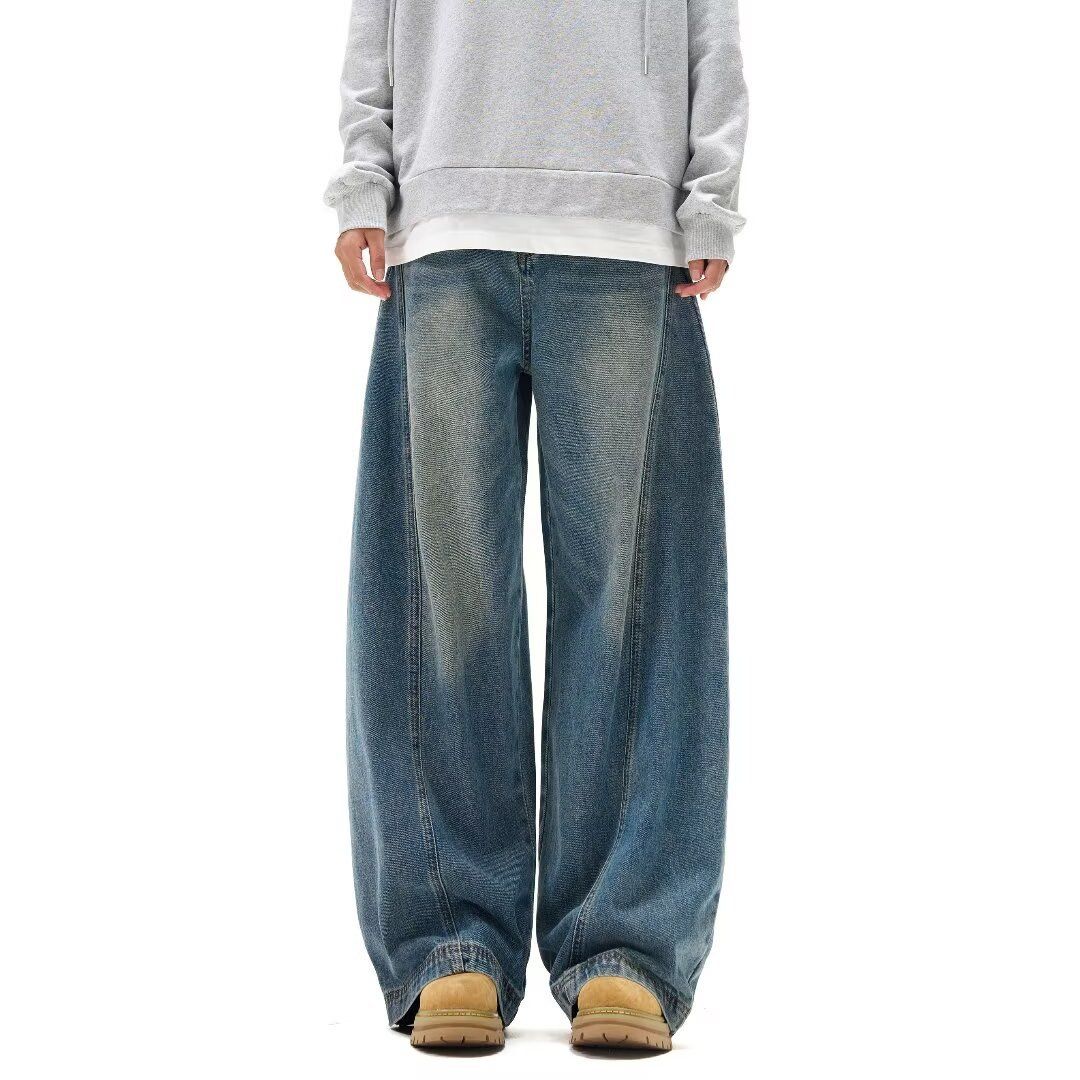 American Style Splicing Curved Knife Jeans For Men, Loose Leg, Bulky And Handsome, Oversized Deconstruction Of Wide Leg_mkmklike.com