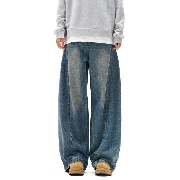 American Style Splicing Curved Knife Jeans For Men, Loose Leg, Bulky And Handsome, Oversized Deconstruction Of Wide Leg_mkmklike.com