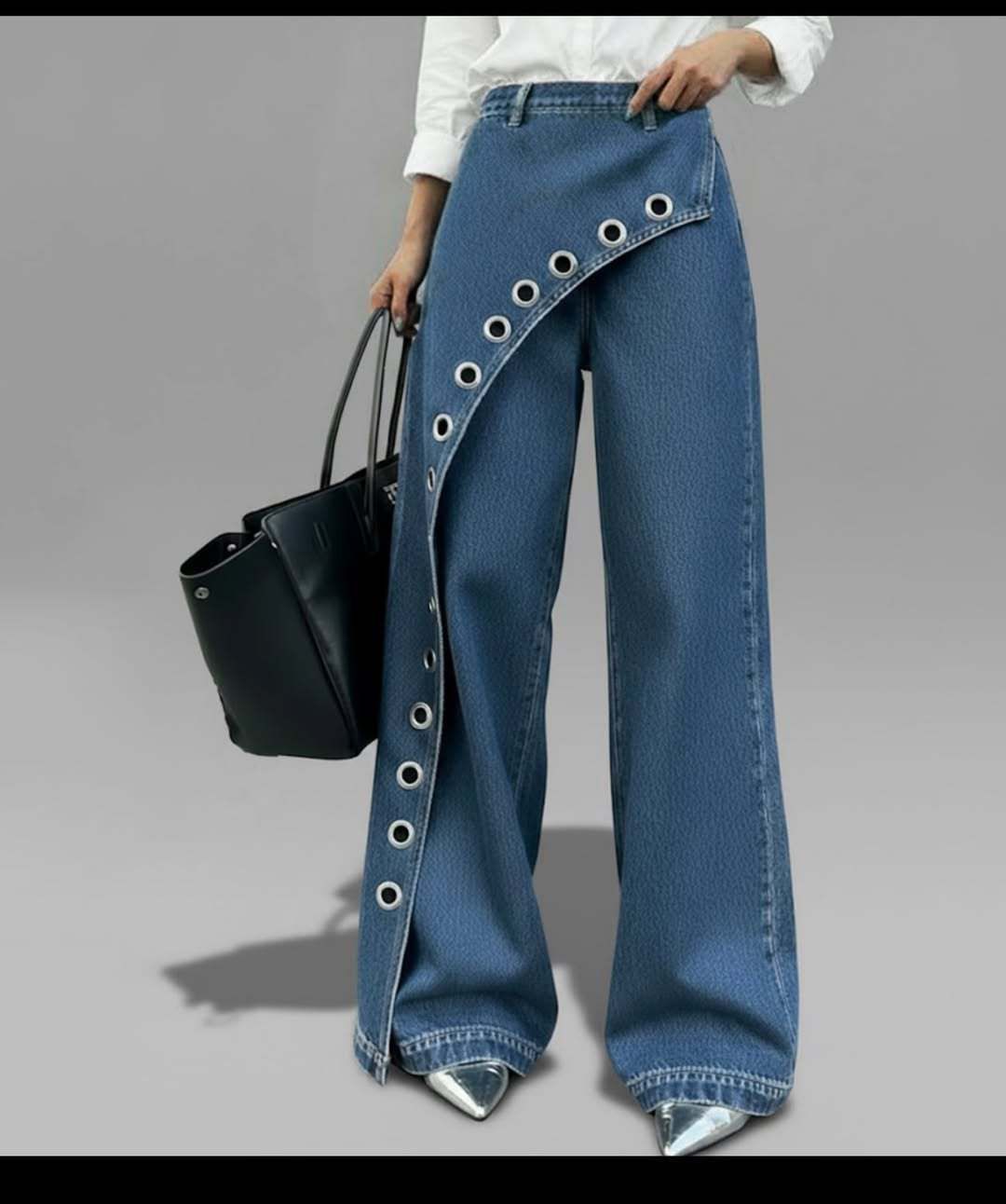 Women's Clothing Women's Casual Denim Pants Straight Leg Wide Leg Pants Irregular Butt Flap Eyelet Solid Color_mkmklike.com
