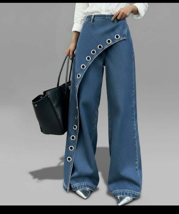 Women's Clothing Women's Casual Denim Pants Straight Leg Wide Leg Pants Irregular Butt Flap Eyelet Solid Color_mkmklike.com