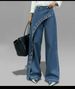 Women's Clothing Women's Casual Denim Pants Straight Leg Wide Leg Pants Irregular Butt Flap Eyelet Solid Color_mkmklike.com