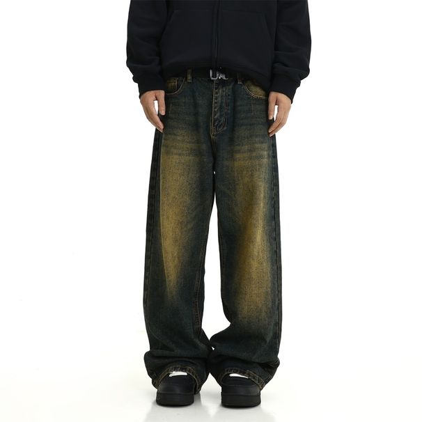 "Men's Vintage Washed Wide Leg Jeans – High Street Retro Straight Fit Denim Pants (Relaxed Silhouette,Unisex Streetwear Staple)"_mkmklike.com