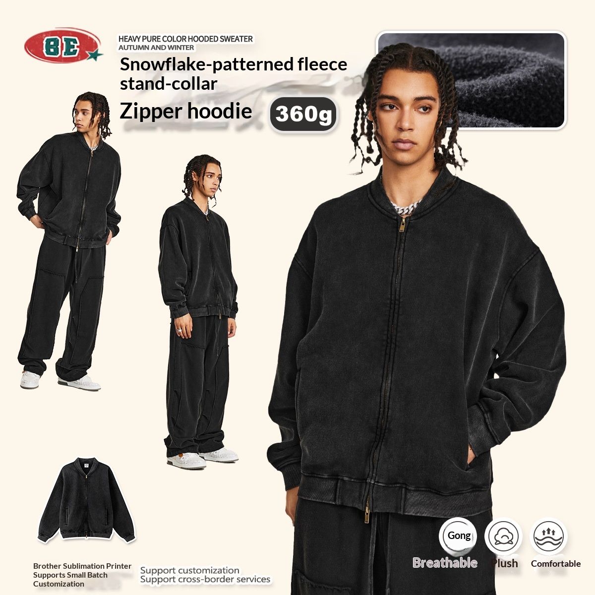 Loom BE Men's Clothing 2025 Autumn Winter American High Street Unisex Style Fleece Washed Retro Black Zipper Cardigan_mkmklike.com