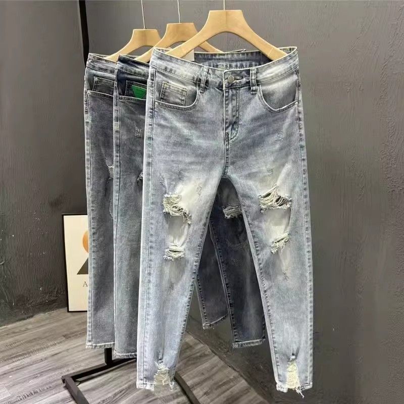 Ins Korean Version Men's Ripped Hole Slim Fit Nine Inch Jeans Summer Youth Fashion Light Blue Rotten Legs Tight Fitting_mkmklike.com