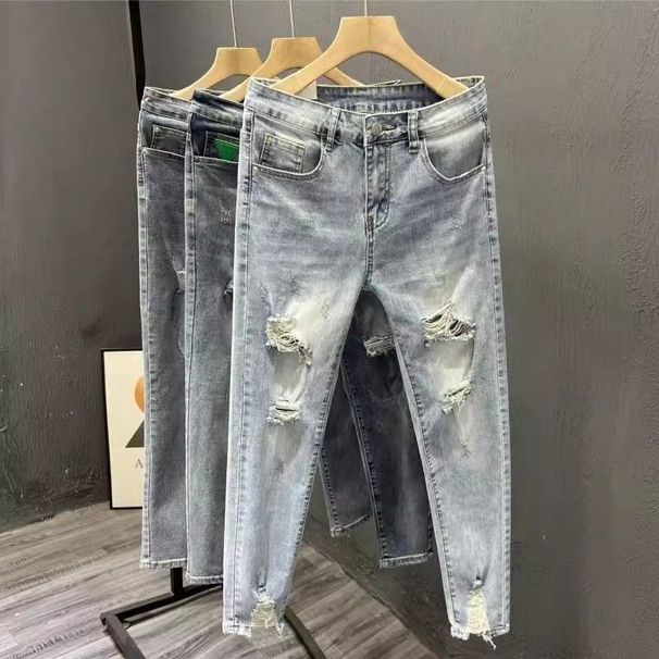 Ins Korean Version Men's Ripped Hole Slim Fit Nine Inch Jeans Summer Youth Fashion Light Blue Rotten Legs Tight Fitting_mkmklike.com