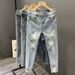 Ins Korean Version Men's Ripped Hole Slim Fit Nine Inch Jeans Summer Youth Fashion Light Blue Rotten Legs Tight Fitting_mkmklike.com