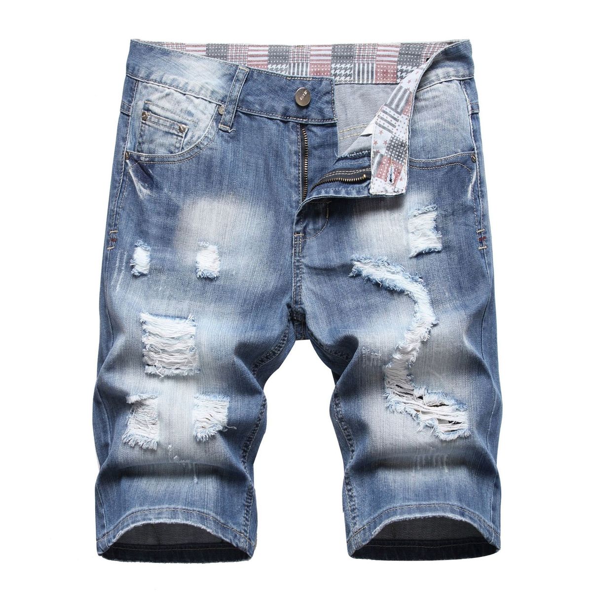 Men's Distressed Denim Shorts, Knee-Length Ripped Casual Cargo Shorts With Pocket, Relaxed Fit Summer Short Pants_mkmklike.com