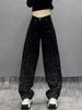 Women's Clothing High-Waisted Slimming Rhinestone Jeans Wide Leg Floor-Length Pants Loose Fit Versatile Straight Leg For Women Spring/Autumn_mkmklike.com