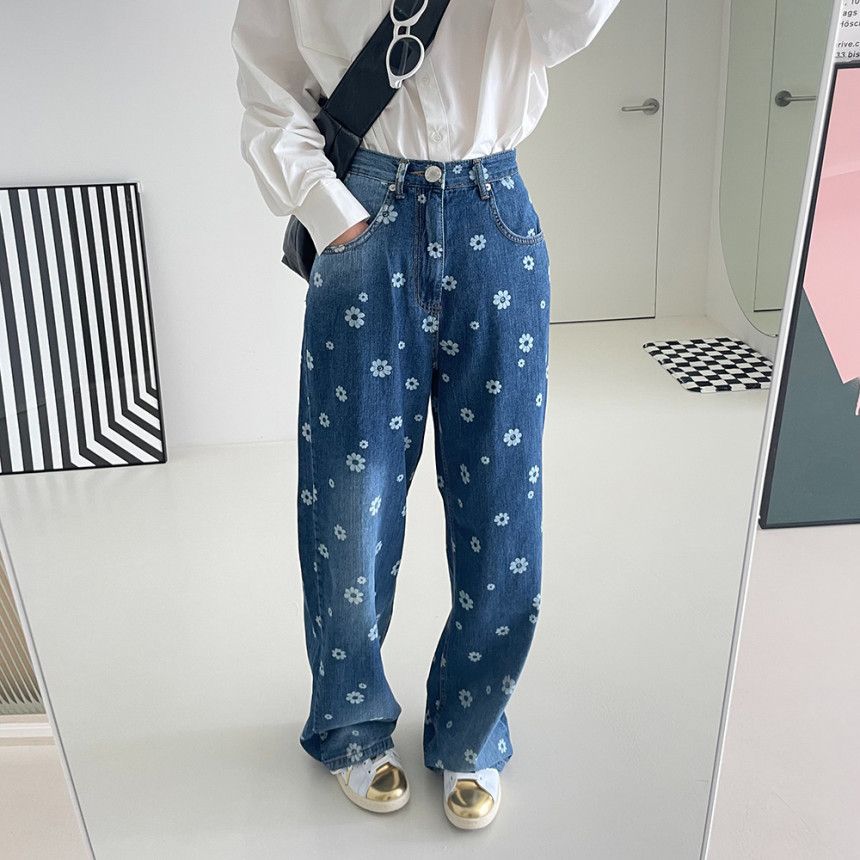 Summer High-Waisted Loose Fit Floral Straight Leg Slimming Jeans For Women_mkmklike.com