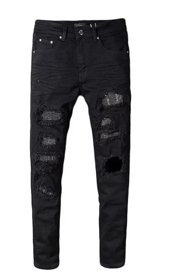 New Trendy High Street Brand Distressed Jeans For Men, Rhinestone Studded Washed And Distressed, Slim Fit Straight Leg._mkmklike.com
