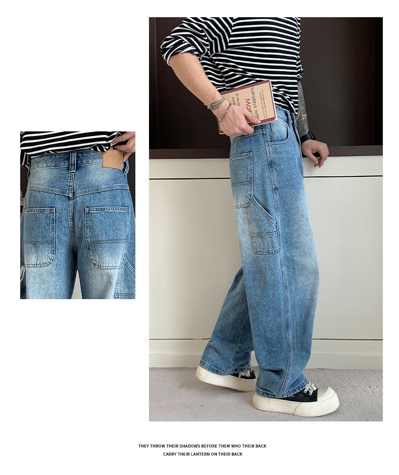 Men's Retro Curved Blade Jeans Loose Fit Straight Leg Workwear High Street Style Versatile Wide Leg Multi Pocket Trousers_mkmklike.com