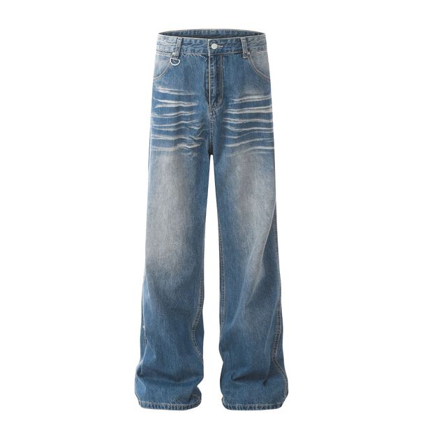 Men's Clothing Whisker Crease Jeans Retro Mopping Pants Wide Leg High Street Jeans _mkmklike.com