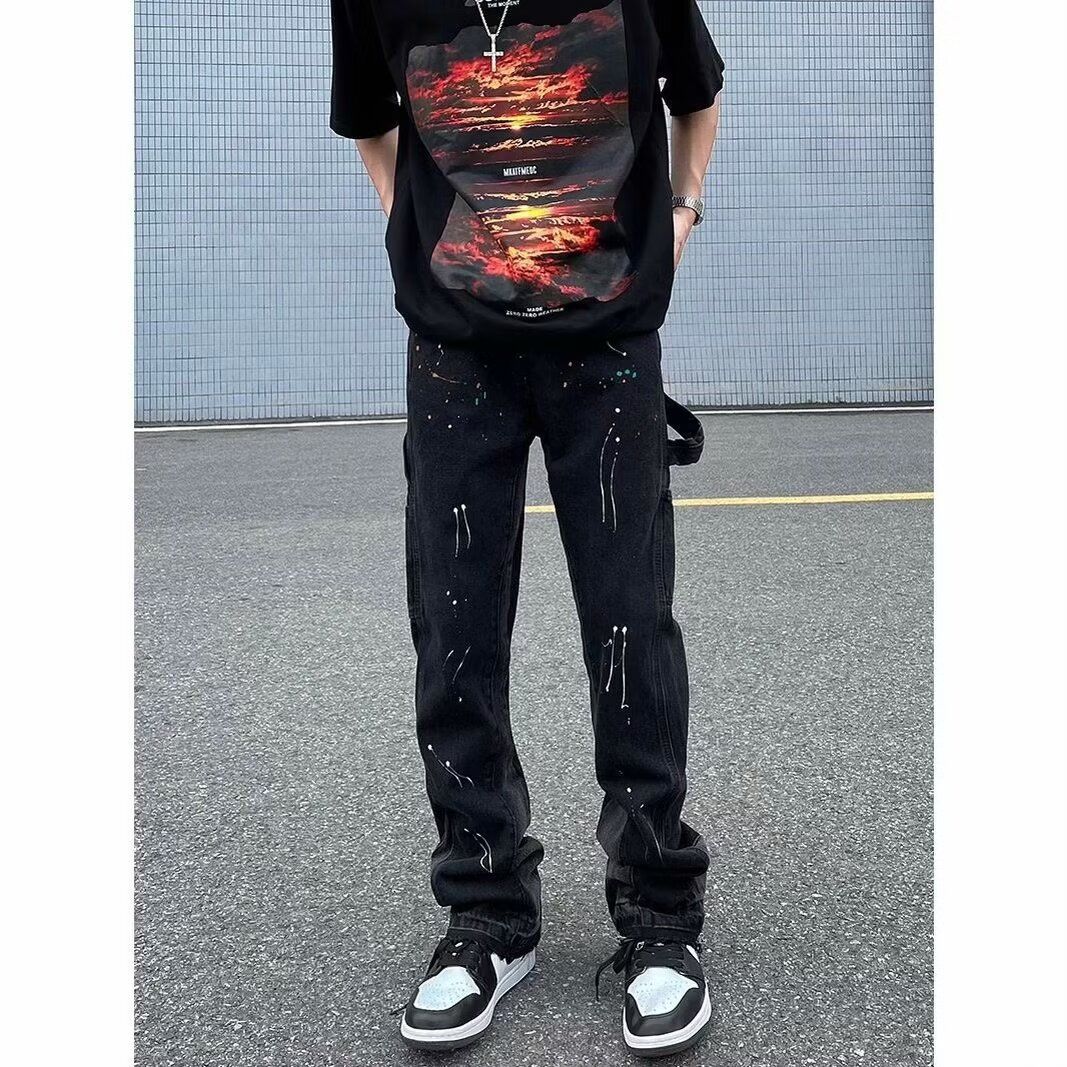 Men's Clothing High Street Ink Splashed Flared Jeans Men's Ins American Retro Vibe Style Loose Straight Leg Mopping Trousers_mkmklike.com
