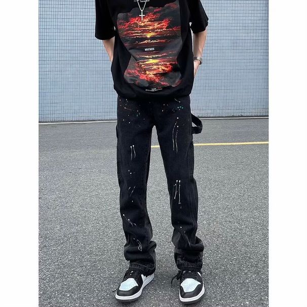 Men's Clothing High Street Ink Splashed Flared Jeans Men's Ins American Retro Vibe Style Loose Straight Leg Mopping Trousers_mkmklike.com