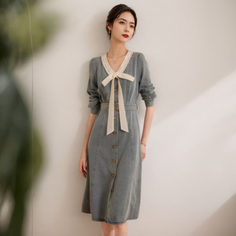 Sweet Pleated Contrasting V-Neck Denim Skirt 2025 Spring Fashion Single Breasted Non Elastic Slim Fit Dress_mkmklike.com