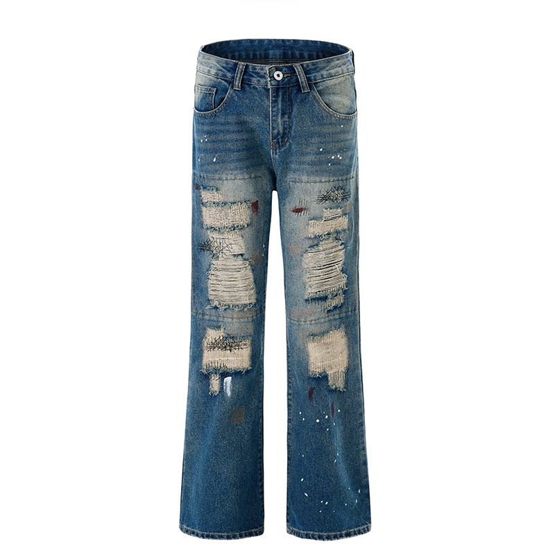 Men's Clothing High Street Ripped Jeans Straight Leg Piled Up Flared Trousers_mkmklike.com